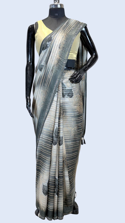 Grey Printed Synthetic Saree with Leaf Print