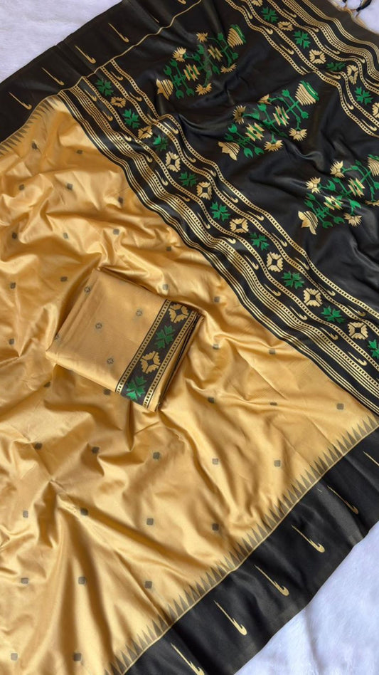 Cream & Mustard with Contrast Black Zari Border