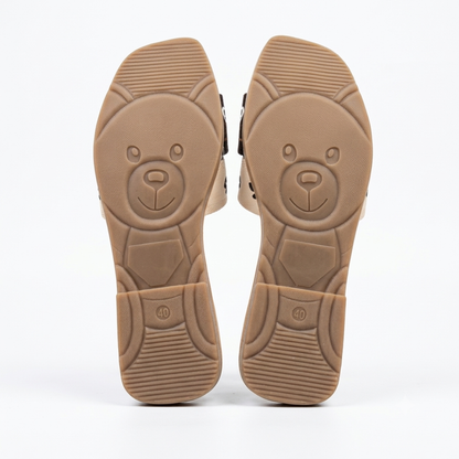 Women’s Beige & Black Printed Slip-On Flat Sandals