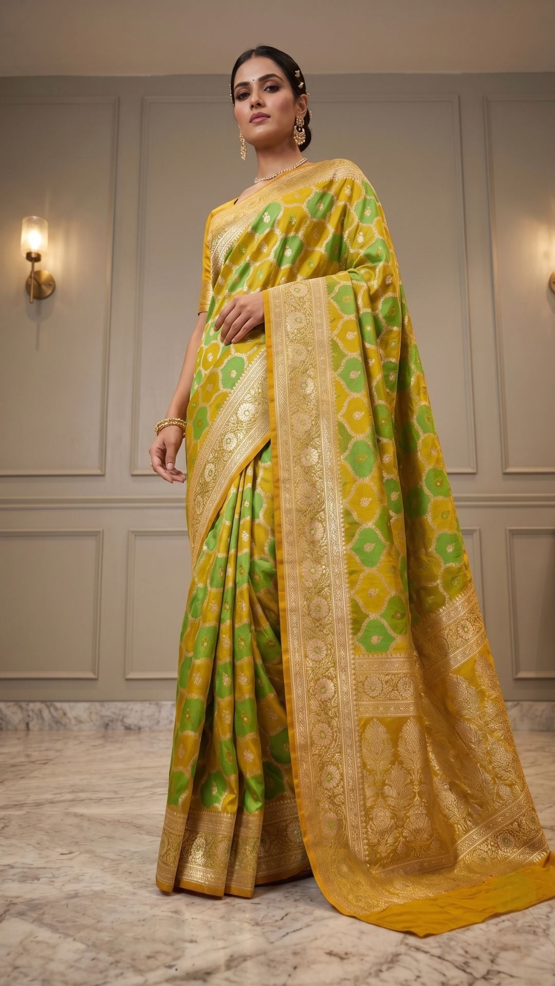 Banarashe Green & Mustard Yellow Mashru Silk Saree with Intricate Floral Woven Motifs & Rich Zari Border