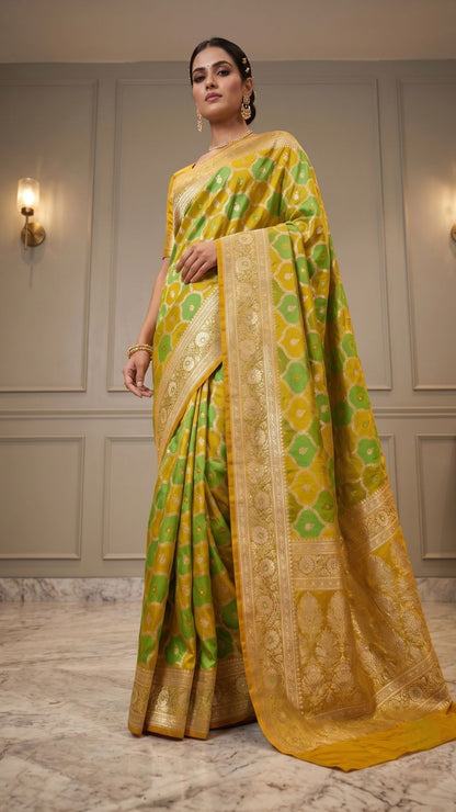 Banarashe Green & Mustard Yellow Mashru Silk Saree with Intricate Floral Woven Motifs & Rich Zari Border