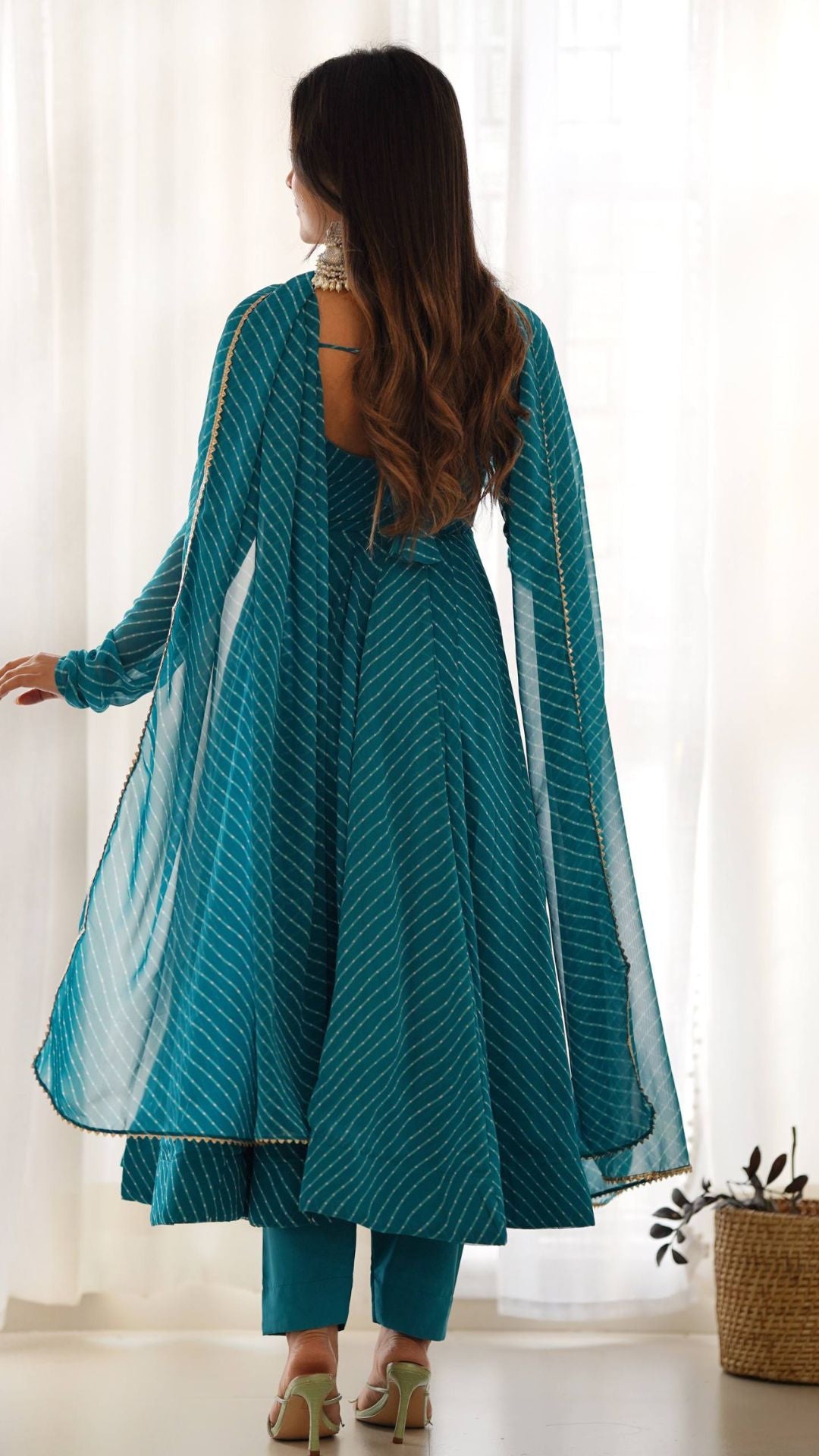 Rama Blue Fox Georgette Laheriya Anarkali Set with Dupatta