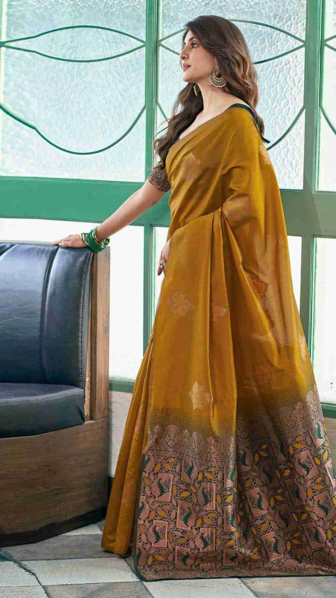 Mustard Yellow Soft Lichi Silk Saree with Rich Jacquard Pallu & Contrast Blouse