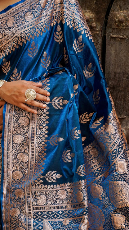 Midnight Peacock Blue Banarasi Silk Saree with Silver Zari Elegance