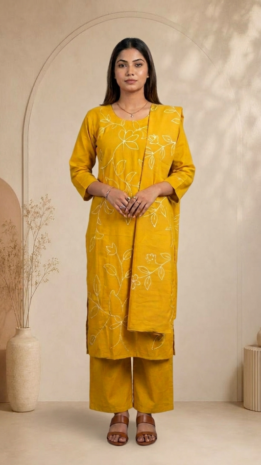Banarashe Mustard Embroidered Silk Blend Straight Suit Set With Dupatta