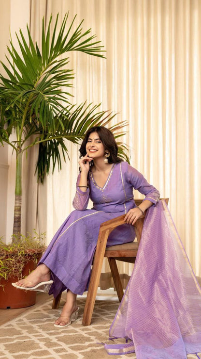 Lavender Premium Mul Chanderi Embroidered Anarkali Kurta Pant Set with Banarasi Dupatta