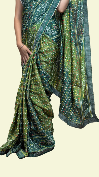 Dark Green Bandhani Print Embellished Soft Silk Saree
