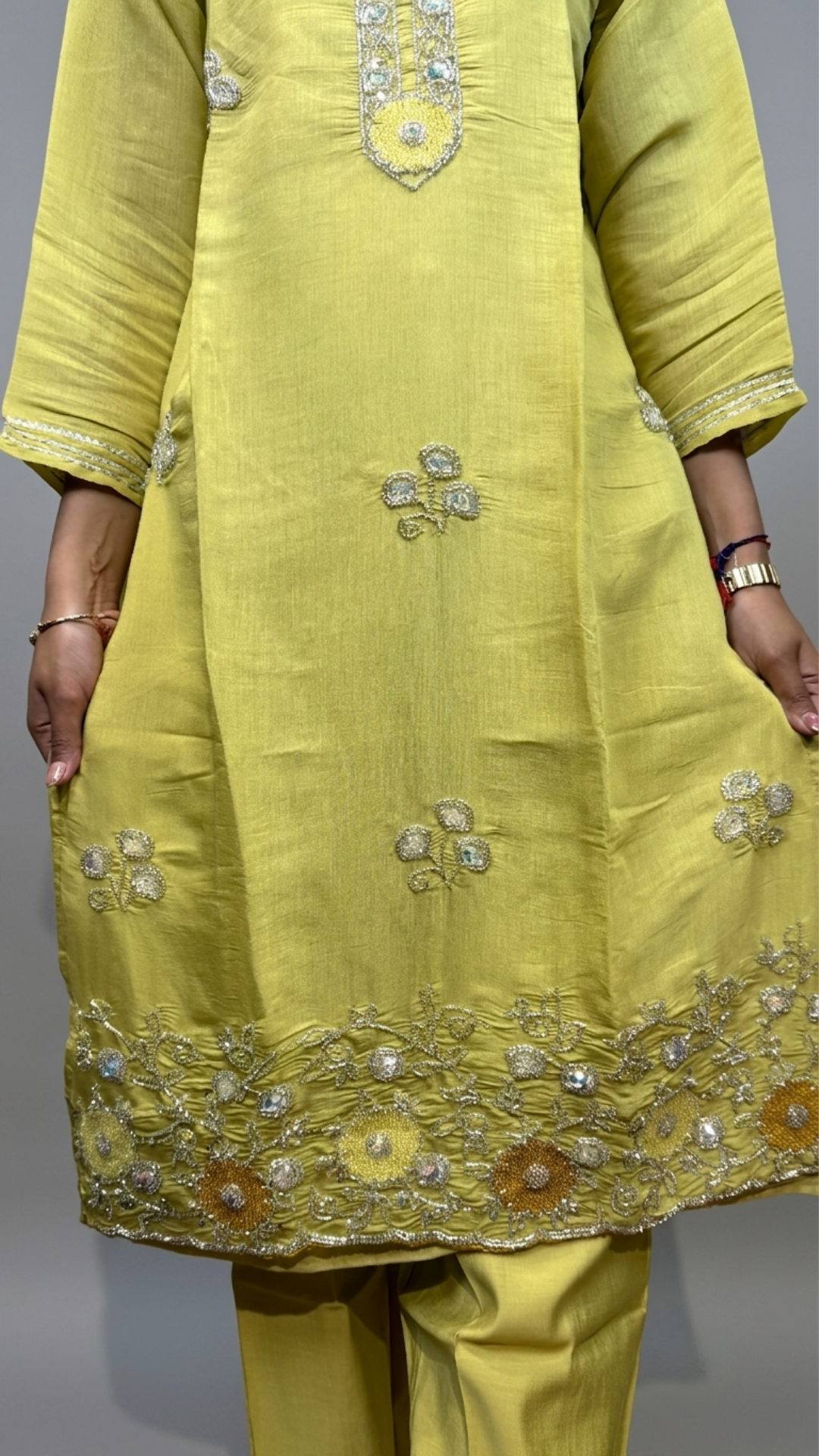 BanaraShe Lime Yellow Embroidered Chanderi Cotton Straight Suit Set With Dupatta