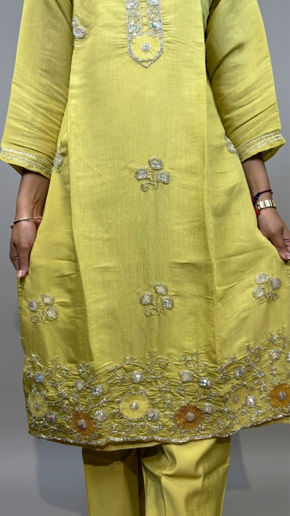 BanaraShe Lime Yellow Embroidered Chanderi Cotton Straight Suit Set With Dupatta