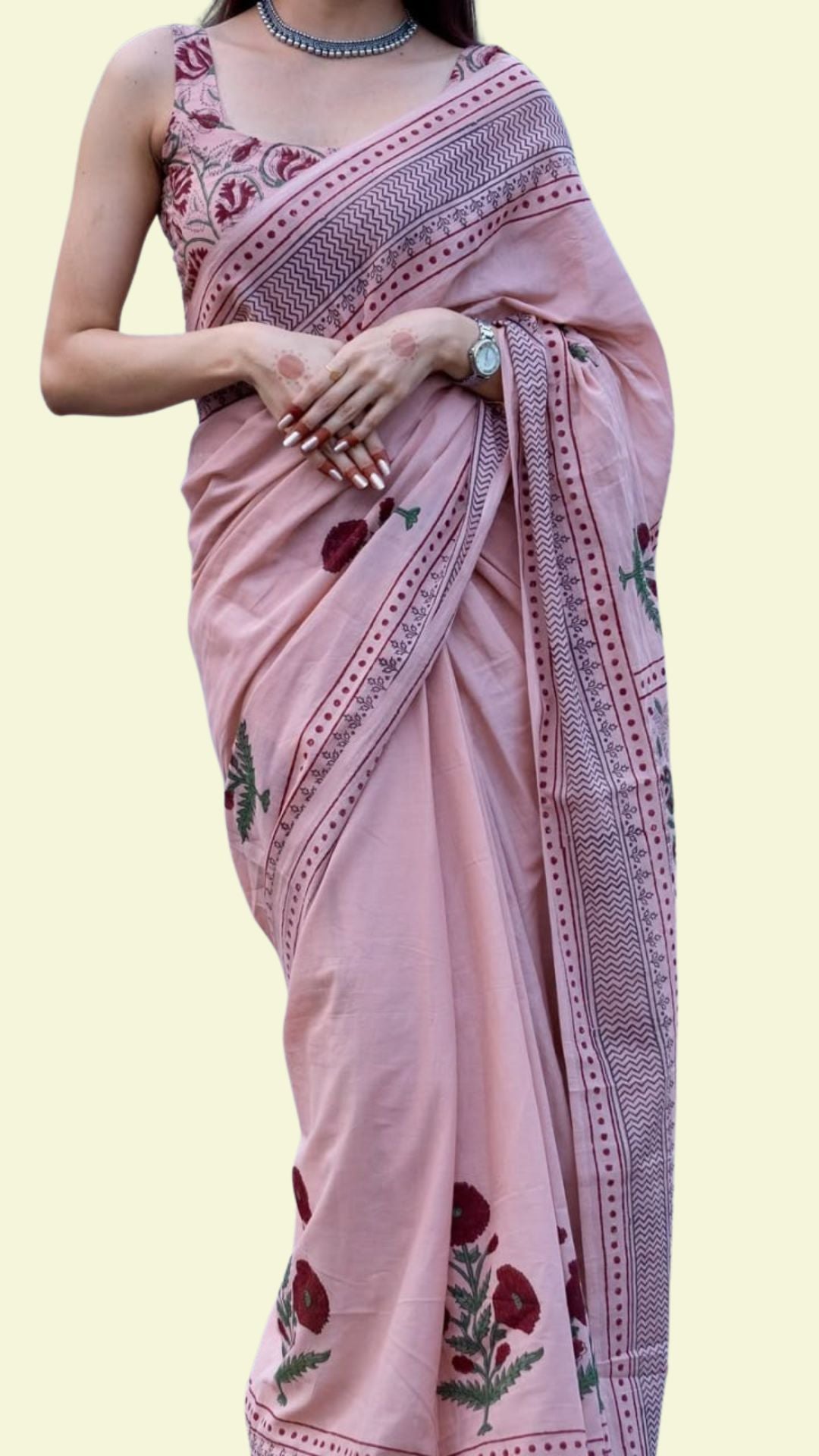 Soft Pink Floral Print Linen Cotton Saree