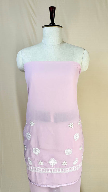 Elegant baby pink chikankari Saree with White Floral Embroidery,