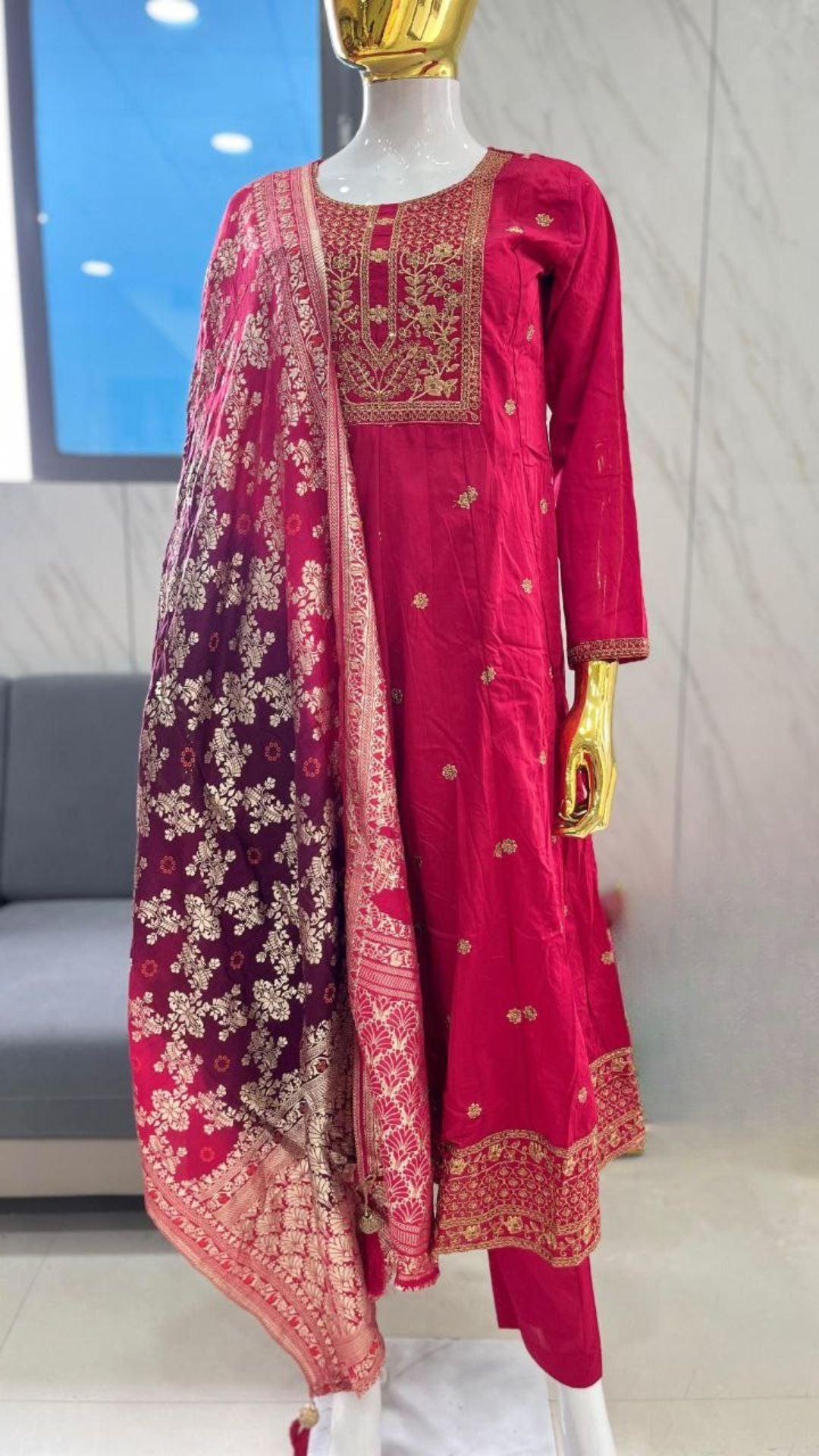 Royal Akshara Anarkali Set – Banana Silk with Banarasi Dupatta