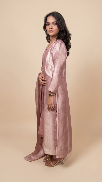 Premium Rose Gold Shimmer Straight Kurta With Pant & Dupatta Set