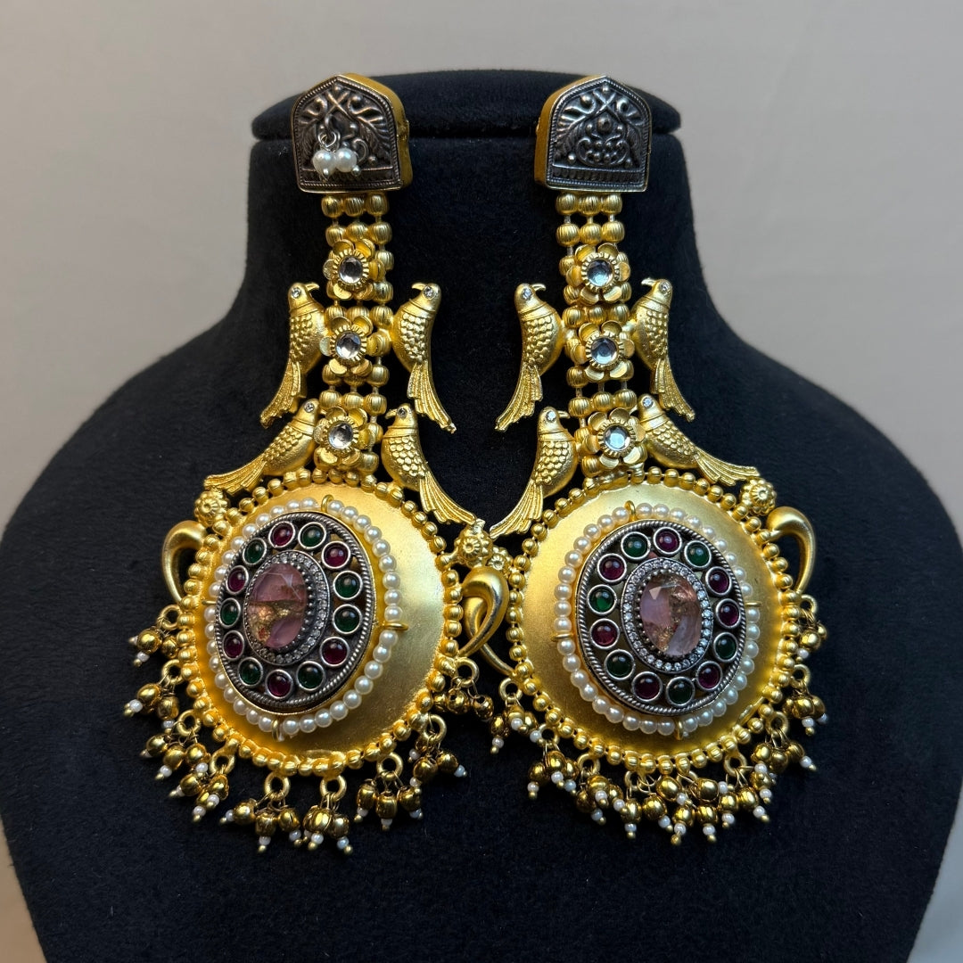Antique Gold Bird Design Earrings for Women  Temple Jewellery Long Earrings kashmiri jhumka