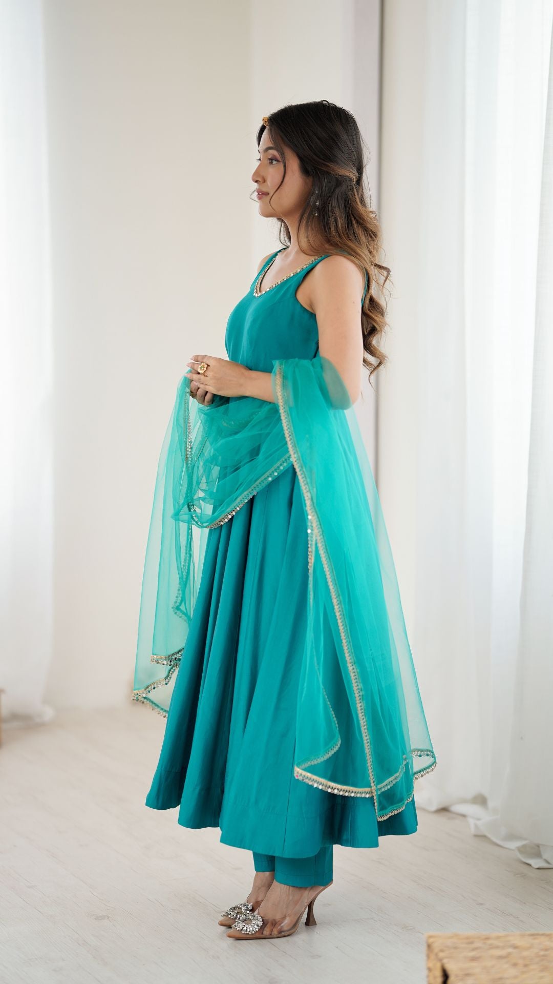 Rama Green Chanderi Silk Anarkali Suit with Dupatta for Women
