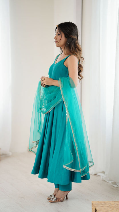 Rama Green Chanderi Silk Anarkali Suit with Dupatta for Women