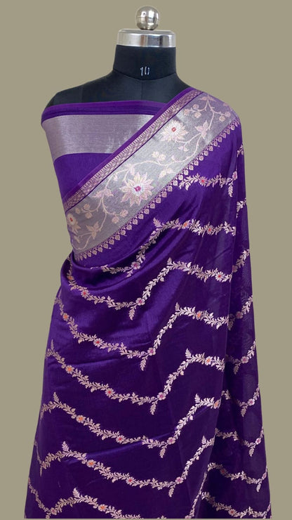 Royal Blue Semi Chiffon Banarasi Saree with Meenakari Zari Border