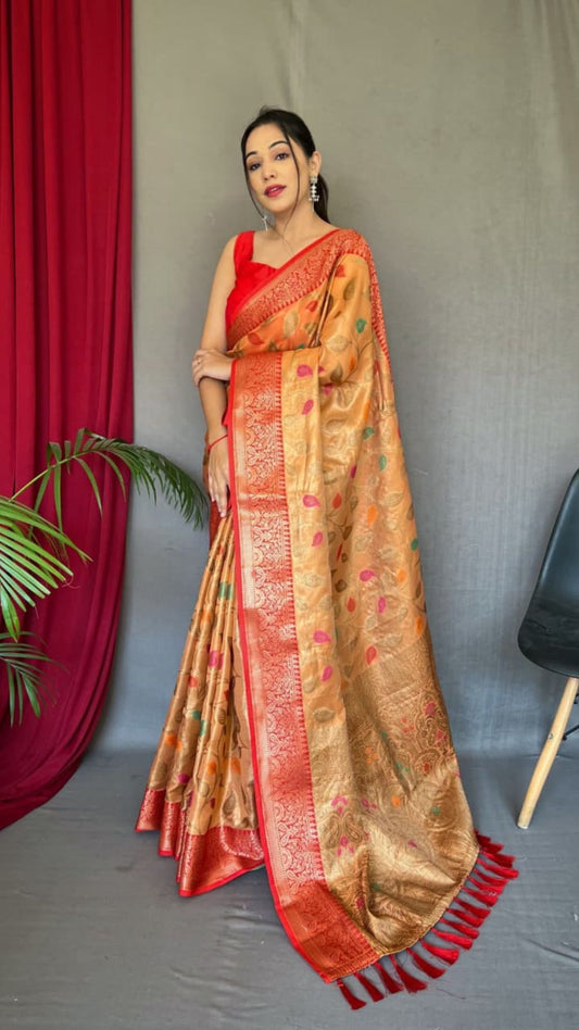 Golden Organza Tissue Silk Saree with Contrast Red Zari Border & Rich Brocade Pallu