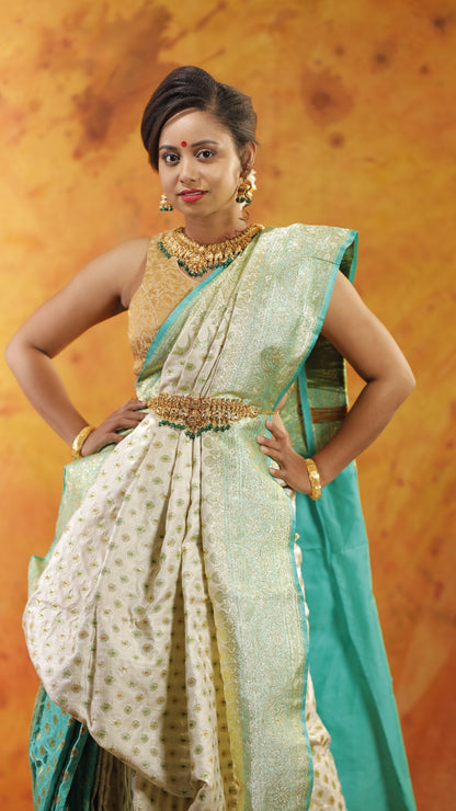 Sea Green and Cream all Jaal Zari Art Work Handloom Katan Pure Silk Saree