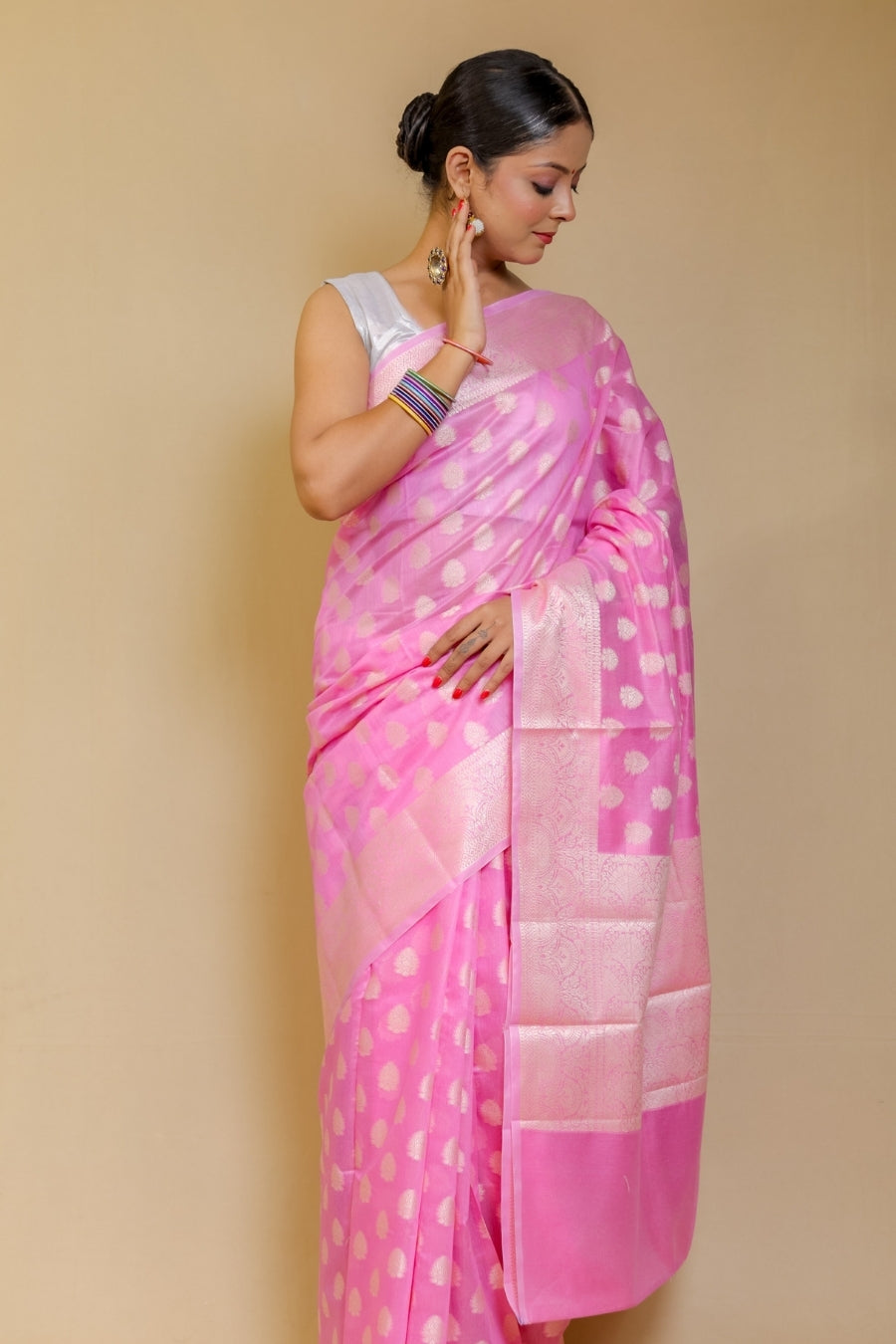 Luminous Bubblegum Pink Banarashe Pure Cotton Silk Saree with Resham Booti