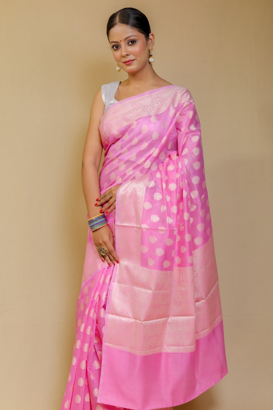 Luminous Bubblegum Pink Banarashe Pure Cotton Silk Saree with Resham Booti