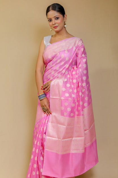 Luminous Bubblegum Pink Banarashe Pure Cotton Silk Saree with Resham Booti