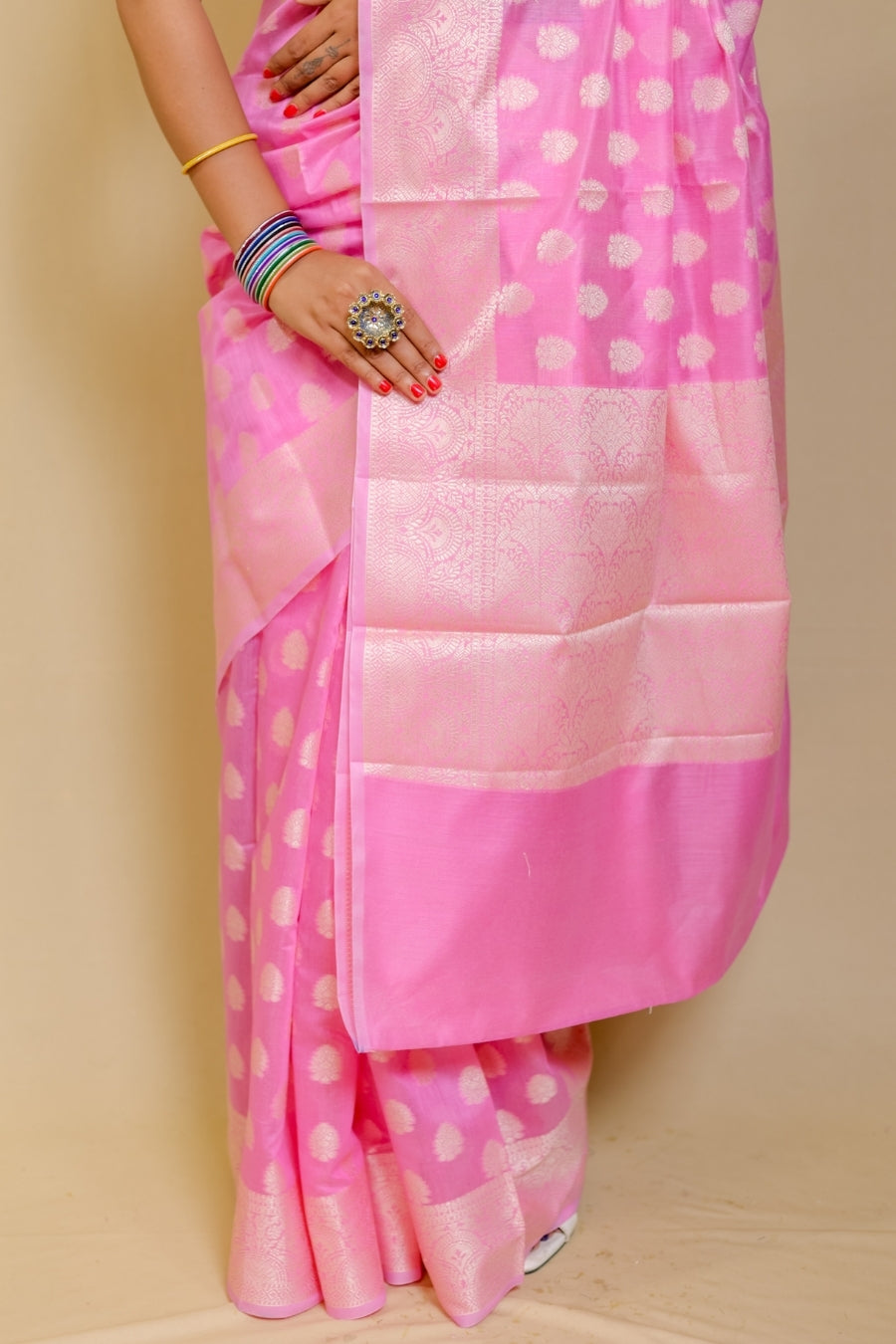 Luminous Bubblegum Pink Banarashe Pure Cotton Silk Saree with Resham Booti