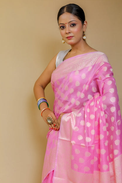 Luminous Bubblegum Pink Banarashe Pure Cotton Silk Saree with Resham Booti