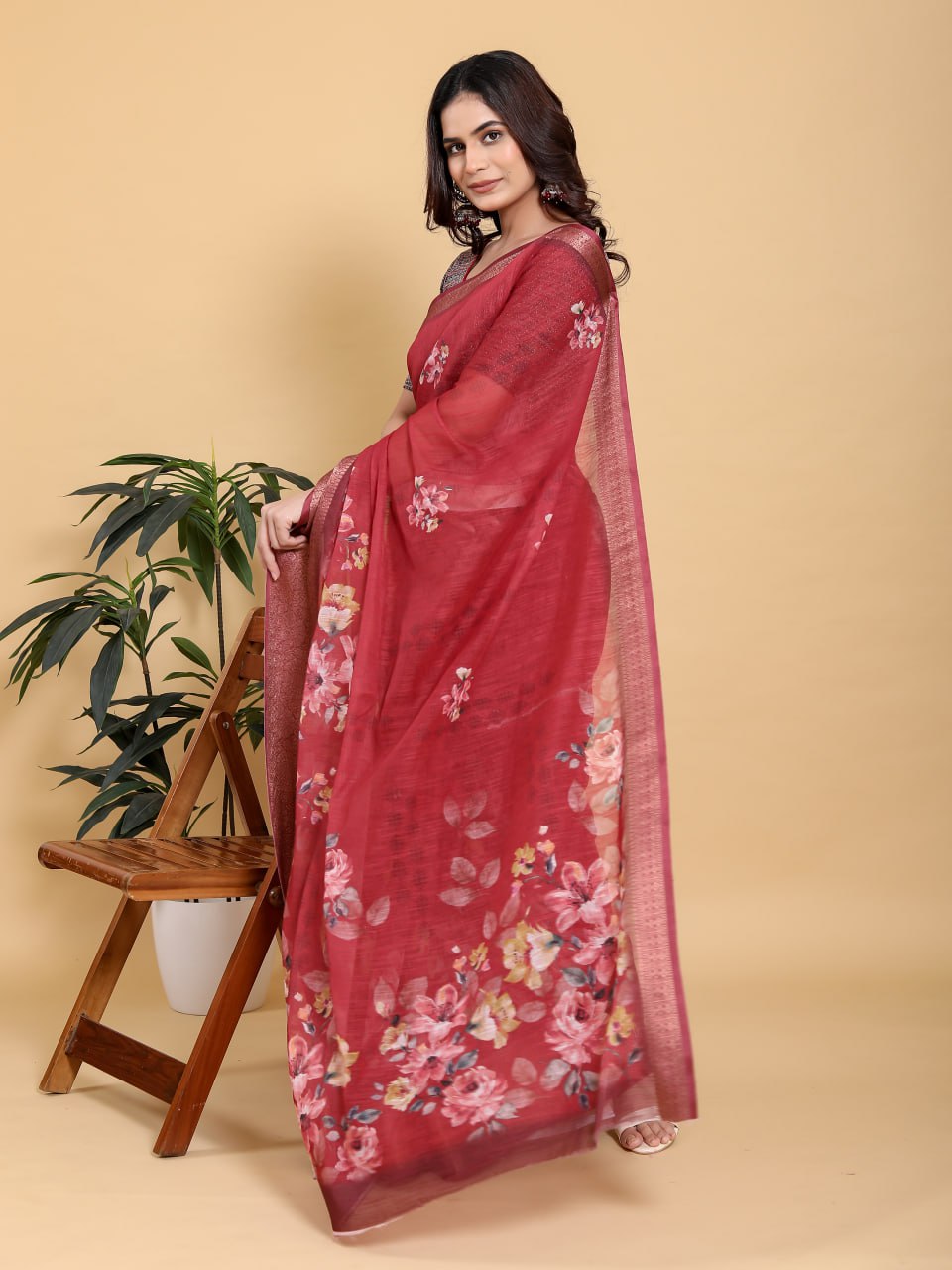 Rich Maroon Floral Print Saree with Metallic Zari Border