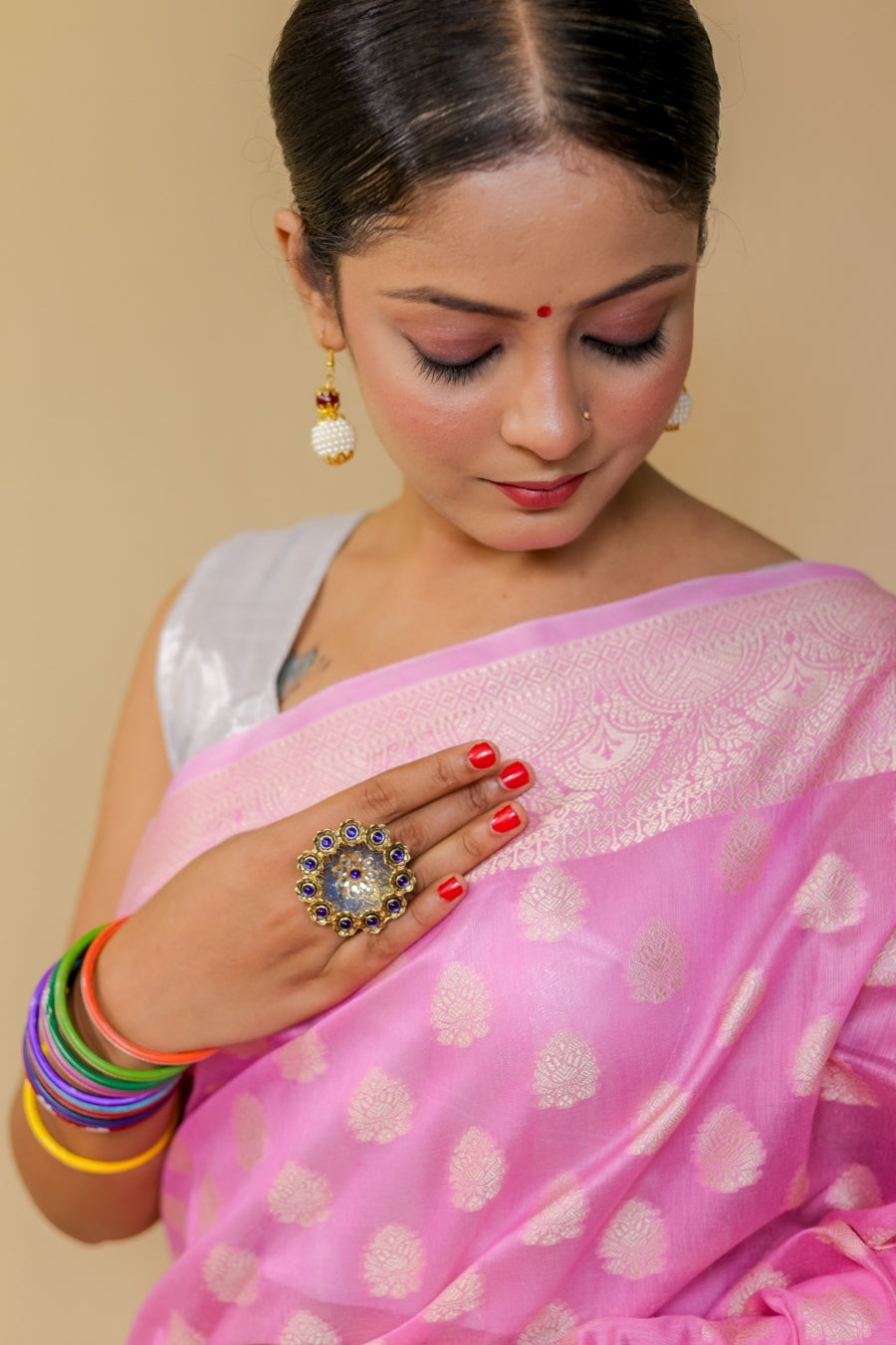 Luminous Bubblegum Pink Banarashe Pure Cotton Silk Saree with Resham Booti