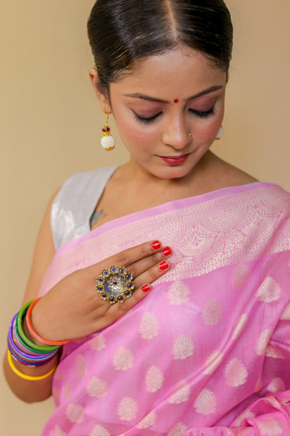 Luminous Bubblegum Pink Banarashe Pure Cotton Silk Saree with Resham Booti