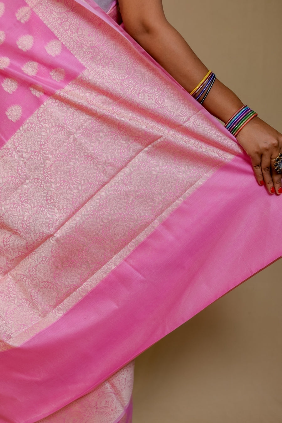 Luminous Bubblegum Pink Banarashe Pure Cotton Silk Saree with Resham Booti