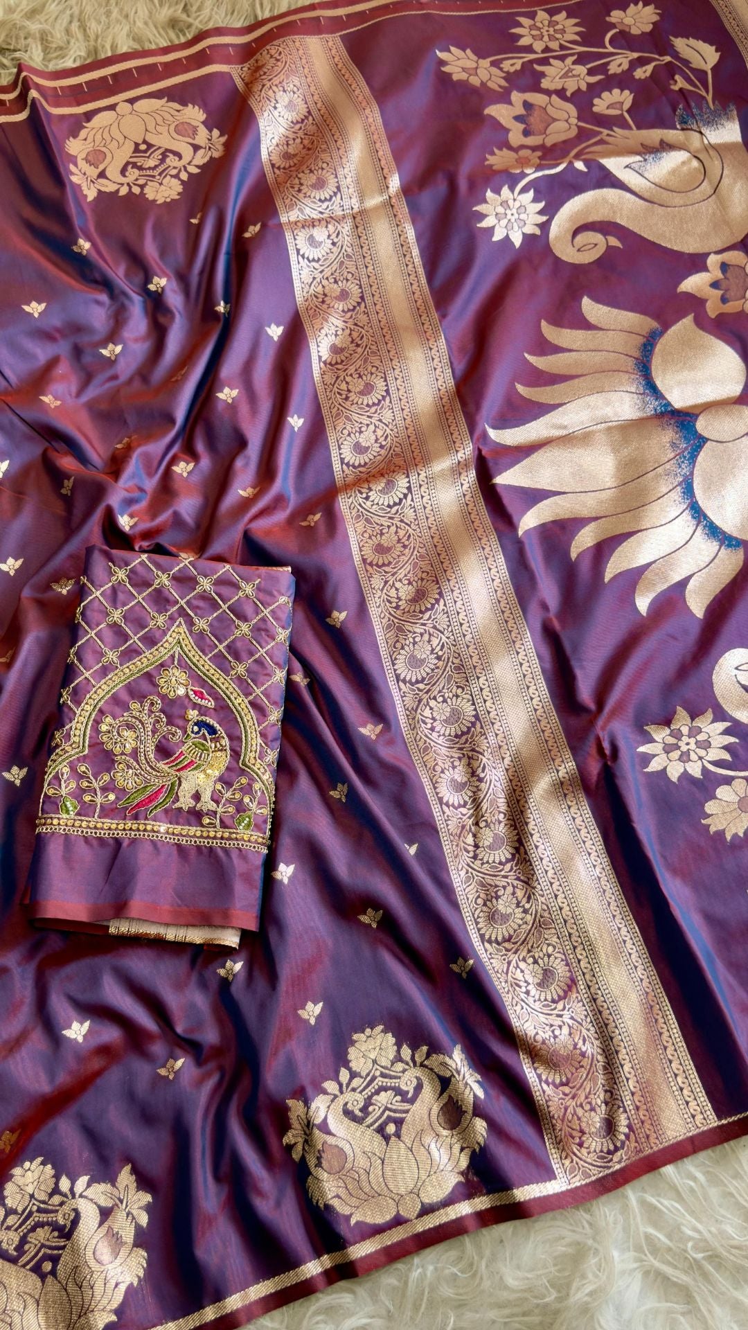 Deep Royal Wine Paithani Silk Saree with Peacock Motifs & Aari Blouse