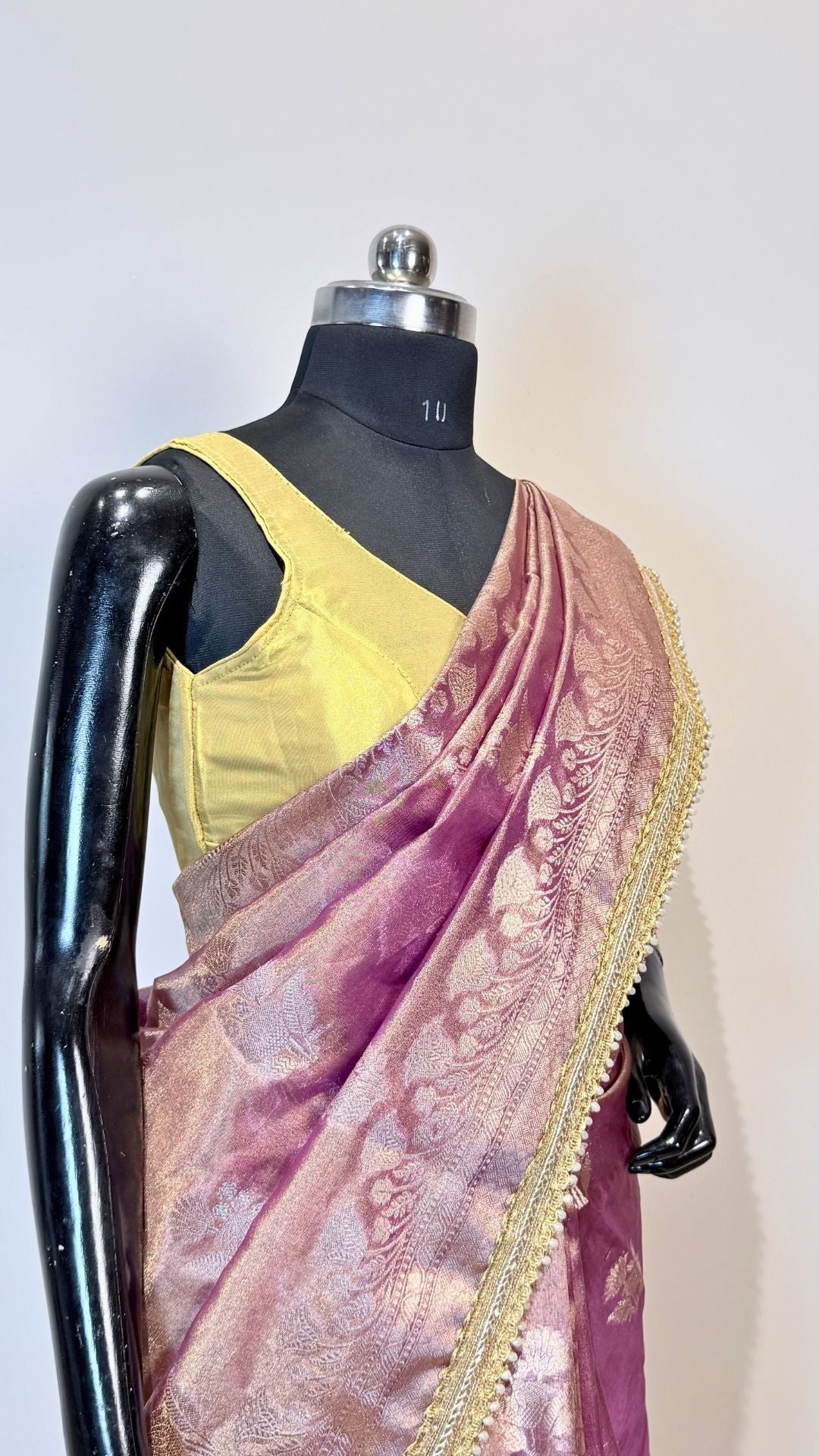 Dual-Tone Lavender Pink Zari Buta Tissue Saree with Moti Lace Border