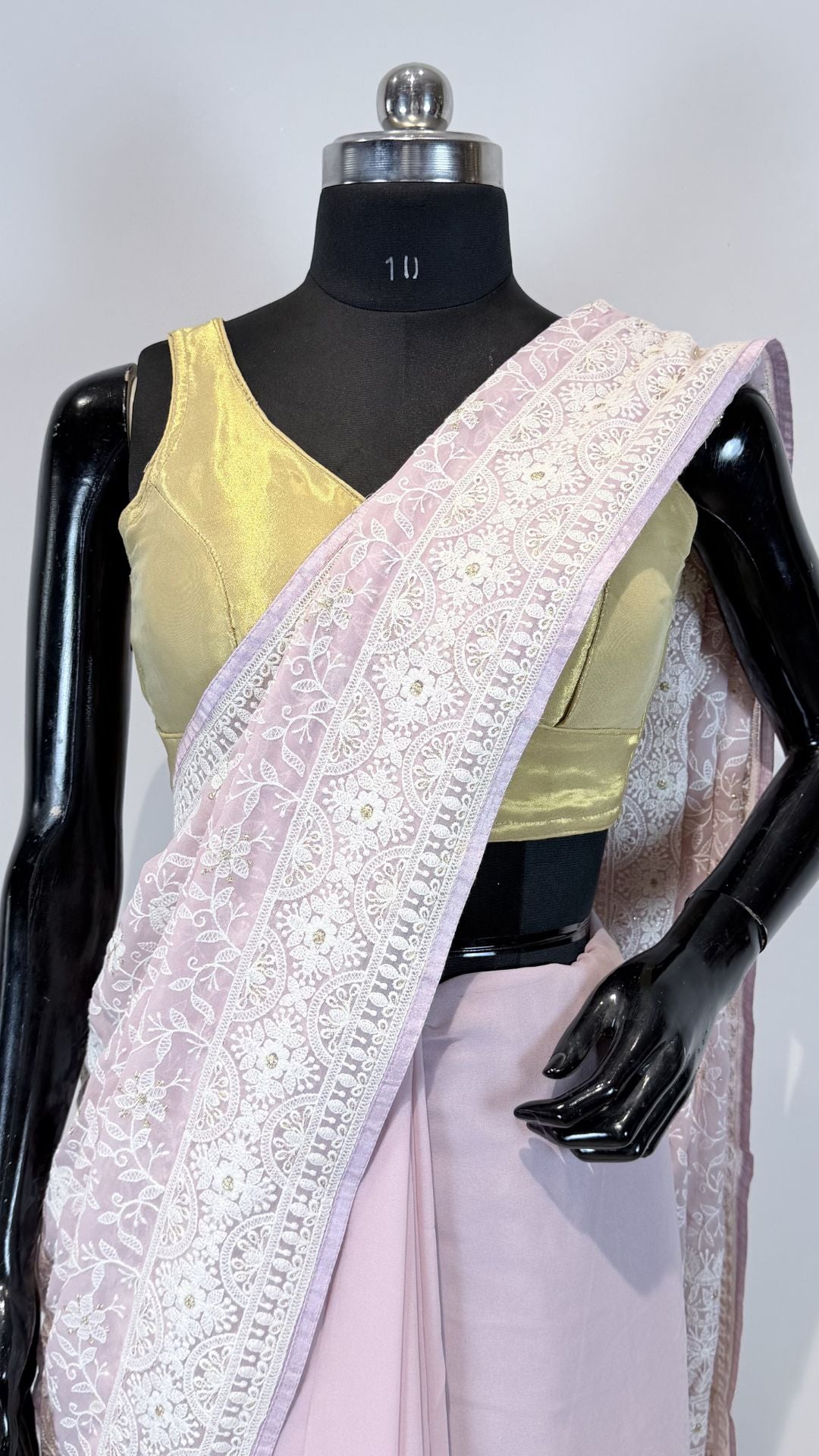 Blush Pink Semi Chikankari Saree for Women with Floral Embroidery