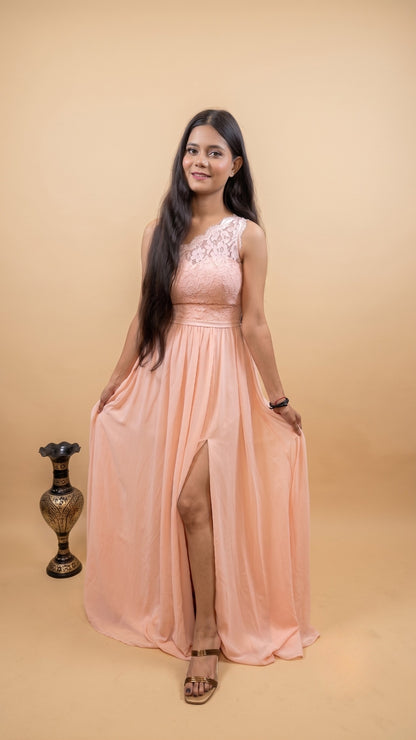 Banarashe Women’s Peach One-Shoulder Lace Maxi Dress