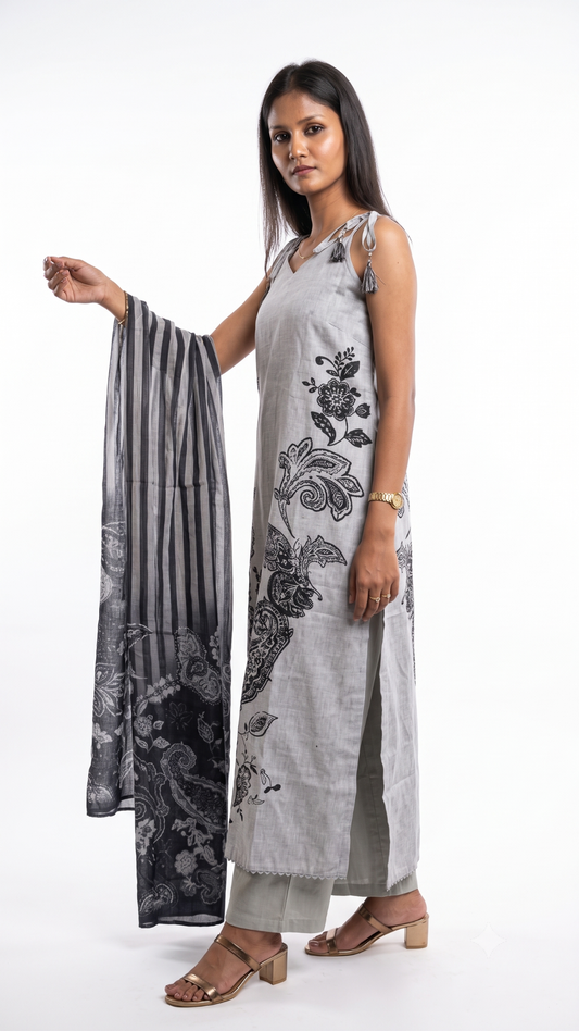 Slate Grey & Black Paisley Art Sleeveless Suit with Striped Dupatta Set