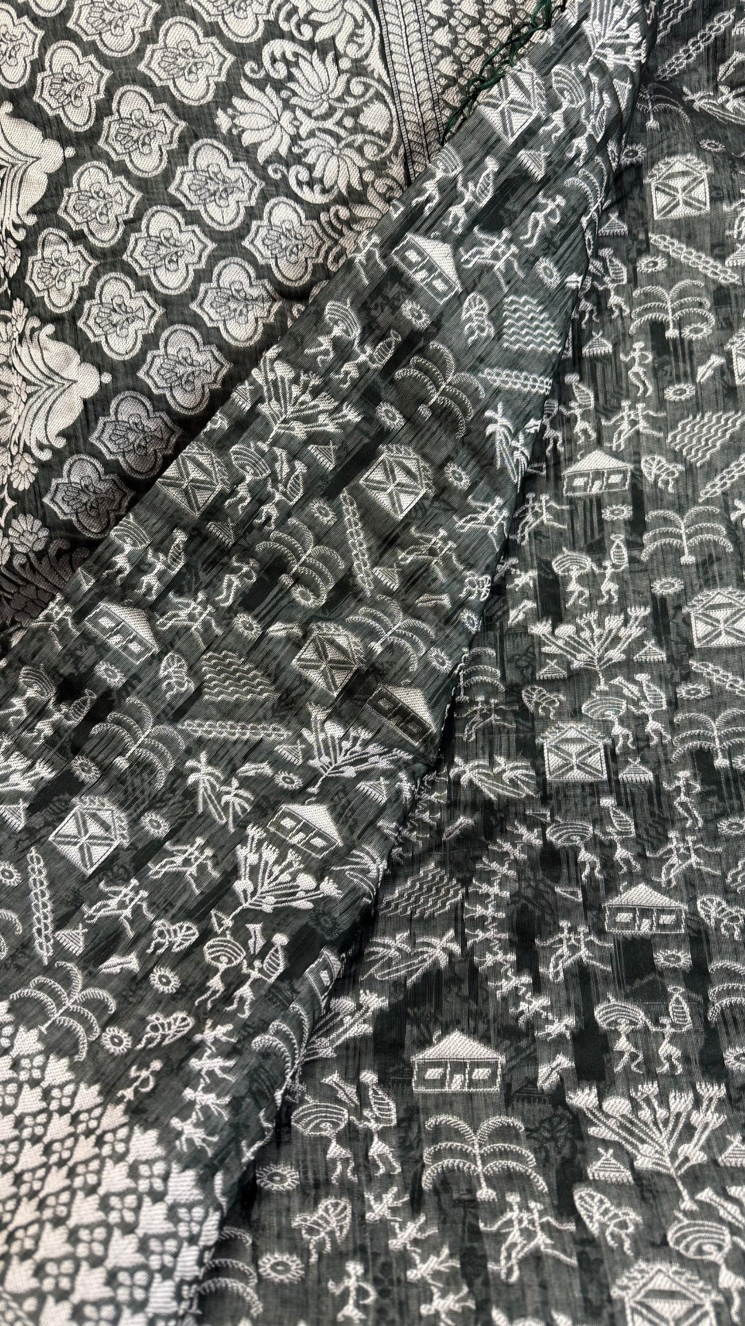 Banarashe Pure Cotton Banarasi Saree in Deep Green with Village Scene Weave