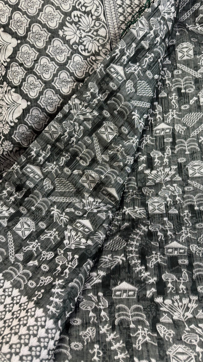 Banarashe Pure Cotton Banarasi Saree in Deep Green with Village Scene Weave