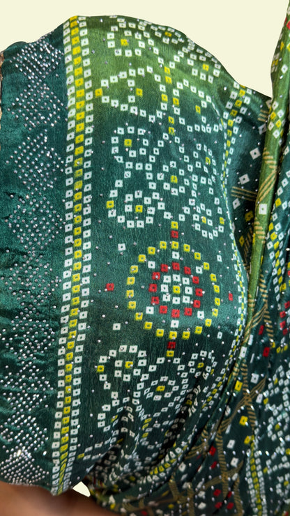 Dark Green Bandhani Print Embellished Soft Silk Saree