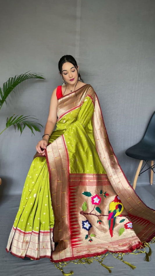 Lime Green Polka Paithani Silk Saree with Contrast Red Border