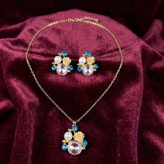 Pastel Blossom Gold-Plated Pendant Set with Earrings