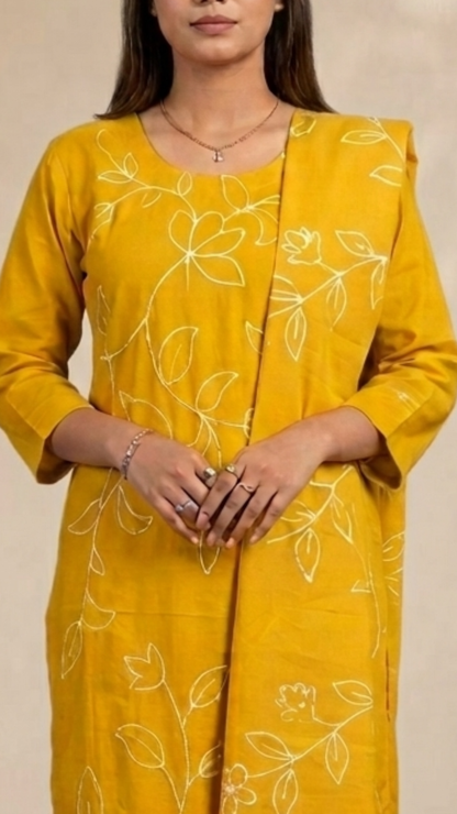 Banarashe Mustard Embroidered Silk Blend Straight Suit Set With Dupatta
