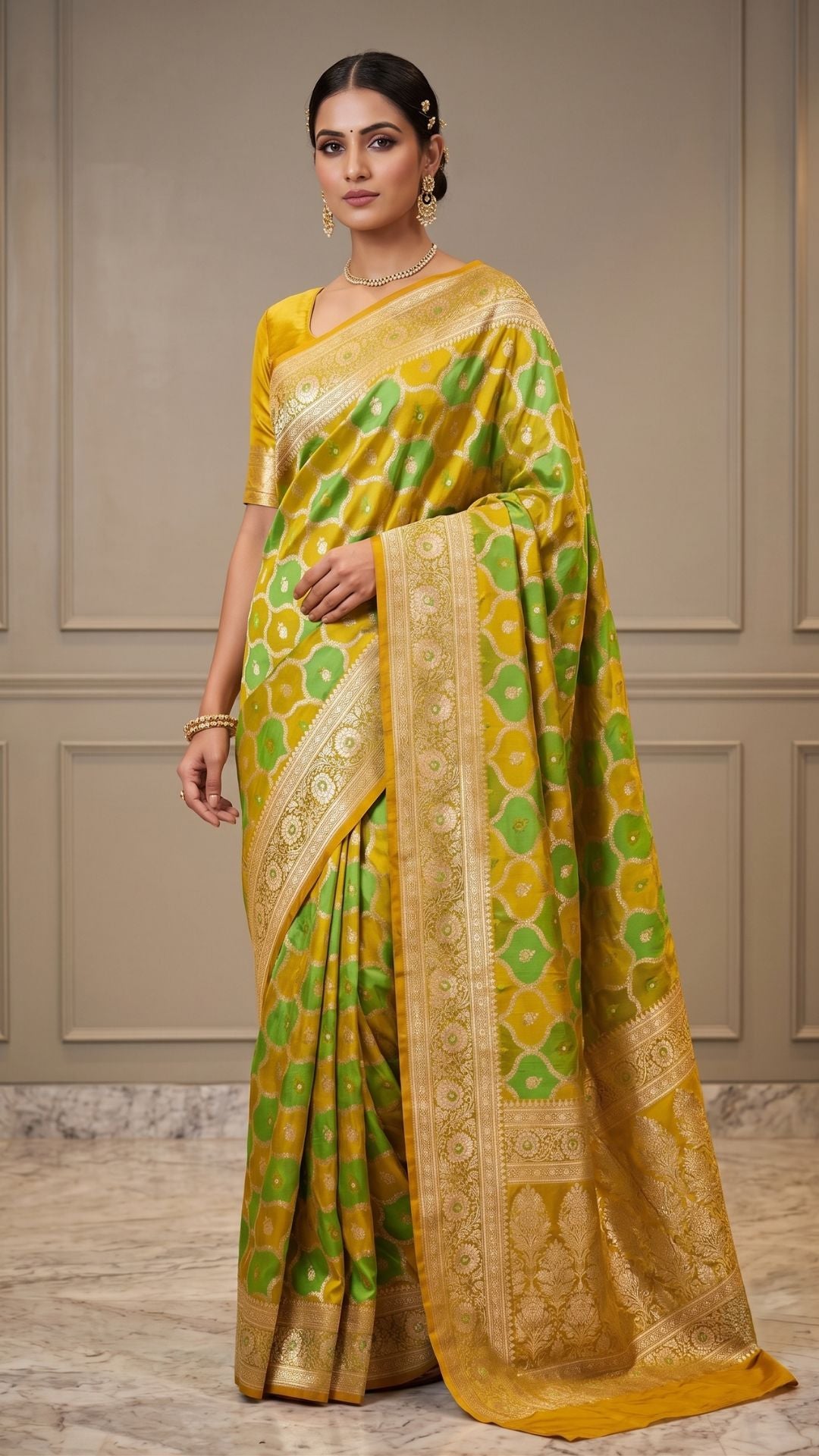 Banarashe Green & Mustard Yellow Mashru Silk Saree with Intricate Floral Woven Motifs & Rich Zari Border