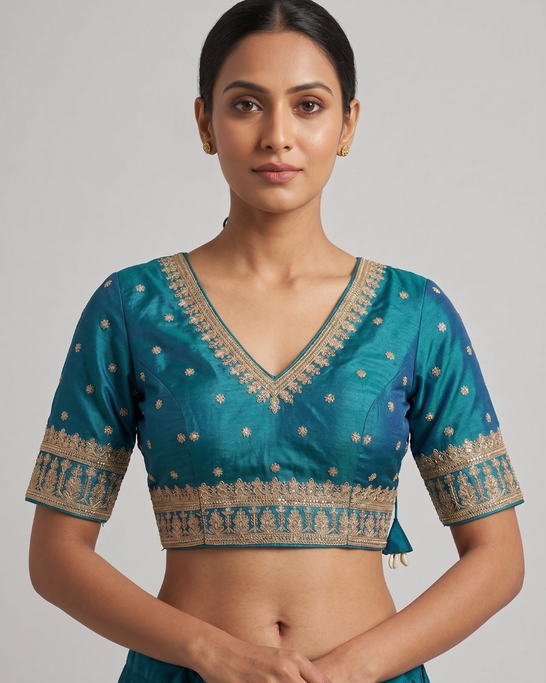 Teal Silk Blouse with Gold Zari & Sequin Embroidery
