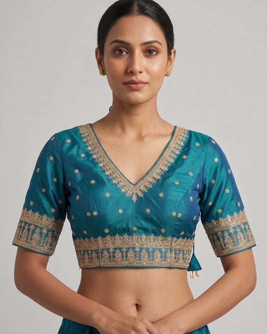 Teal Silk Blouse with Gold Zari & Sequin Embroidery