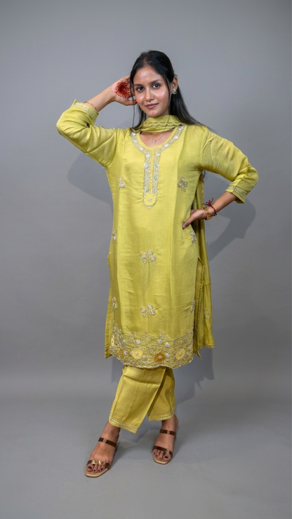 BanaraShe Lime Yellow Embroidered Chanderi Cotton Straight Suit Set With Dupatta