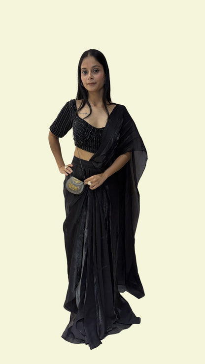 Black Designer Draped Saree with Embellished Blouse
