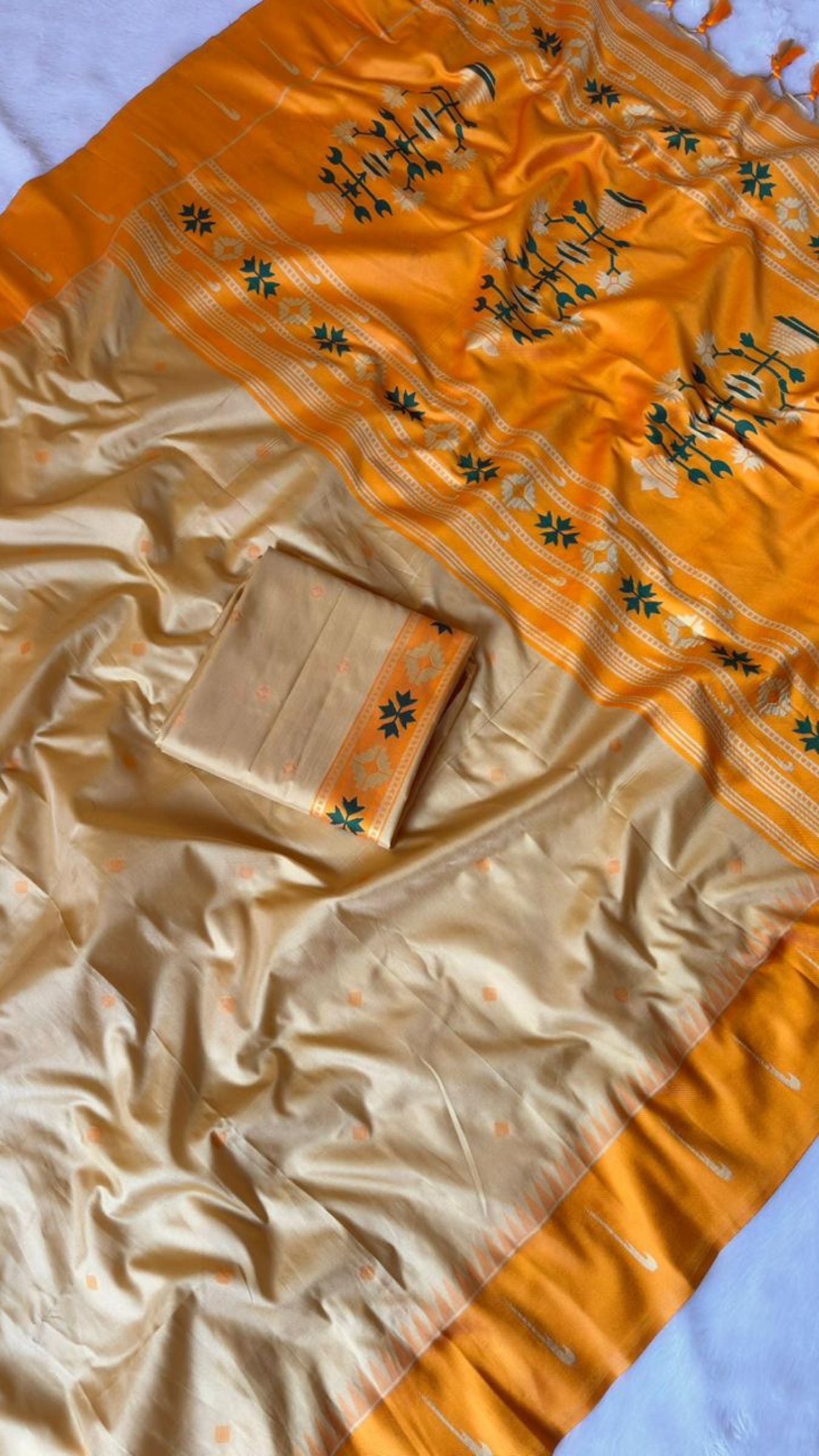 Soft Silk Saree in Cream & Yellow with Muniya Border