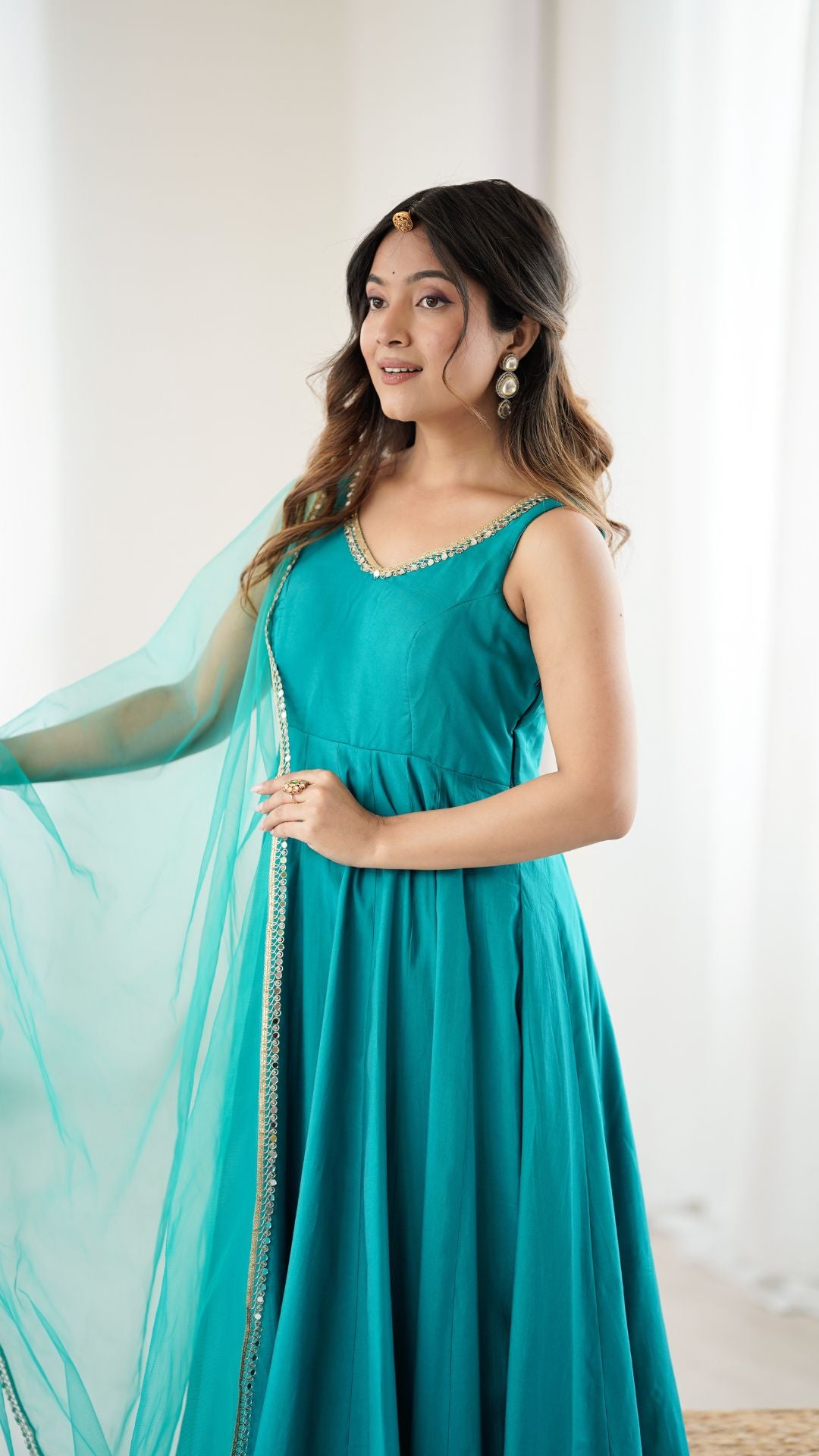 Rama Green Chanderi Silk Anarkali Suit with Dupatta for Women